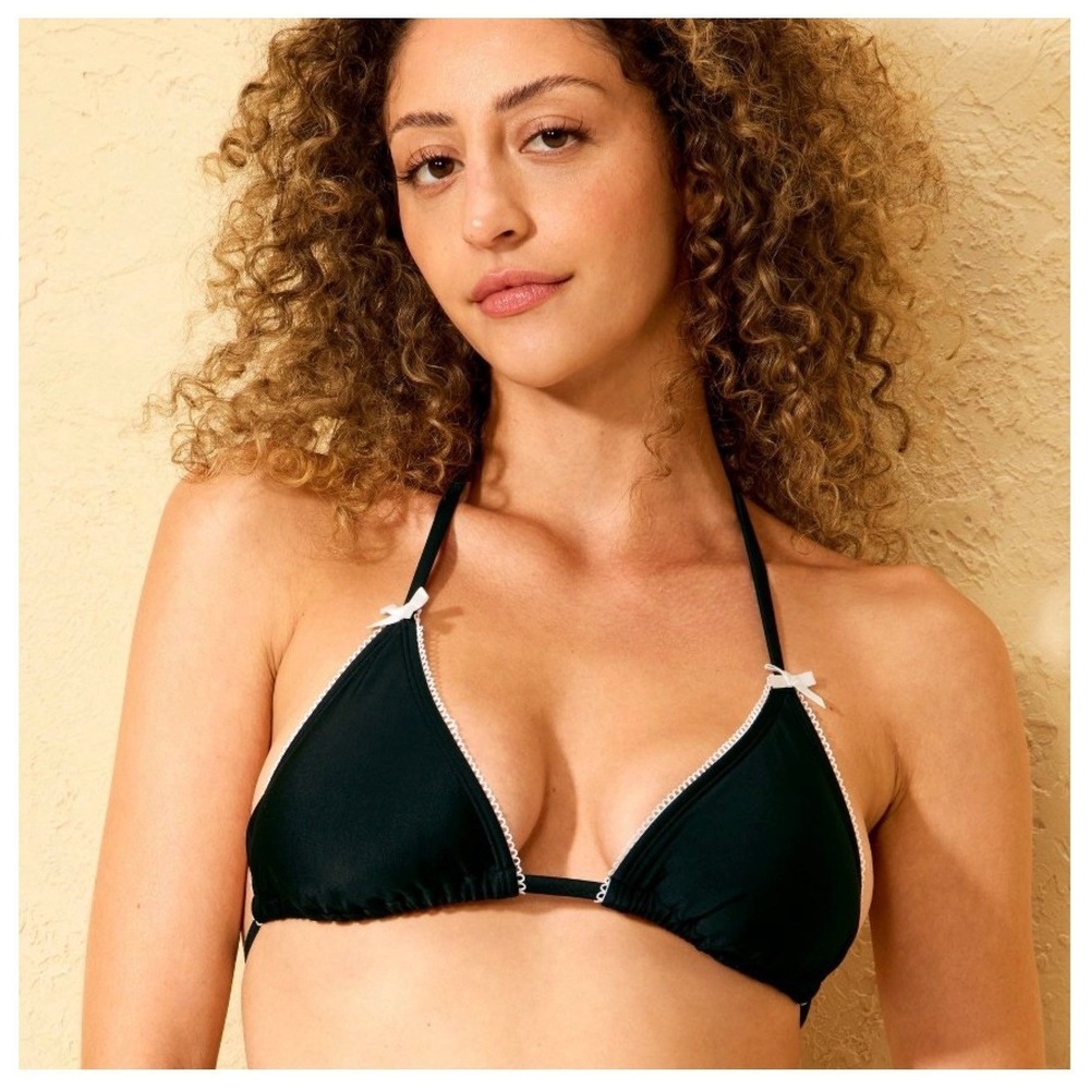 Wild Fable Womens Black Triangle Bikini Top White Scallop Trim Bows LARGE 12-14